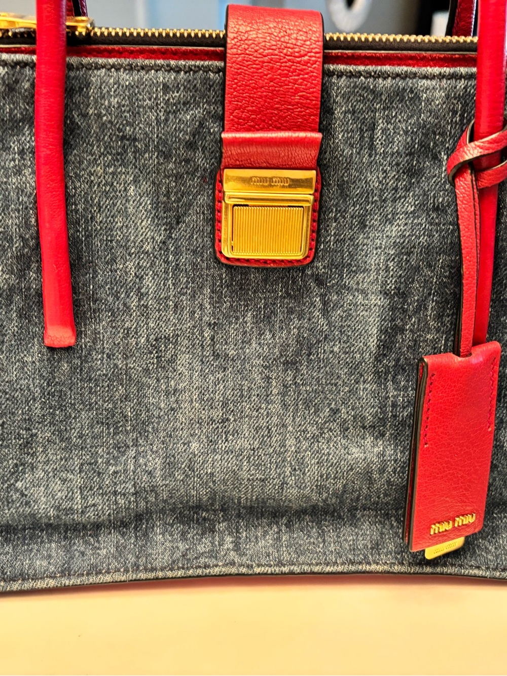 Miu Miu Denim Satchel with Red Leather Trim - Picture 13 of 15